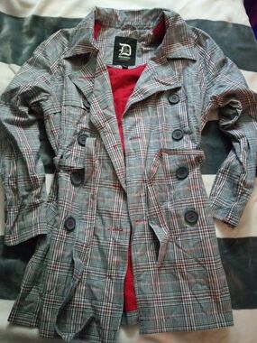 Dollhouse Plaid Double-Breasted Trench Coat with Red Lining